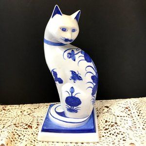Delft Style Porcelain Cat Figure